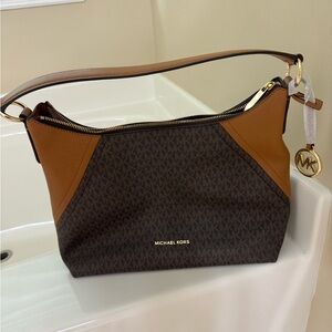 Michael Kors Brown and Tan Shoulder Bag with Monogram Print